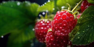 AI generated raspberries on the branches in the dew Generative AI photo