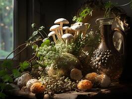 AI generated mushrooms in the dew Generative AI photo