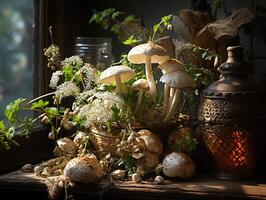 AI generated mushrooms in the dew Generative AI photo