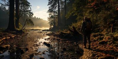 ai generado espalda ver de un viajero en el bosque en contra el fondo de puesta de sol generativo ai foto