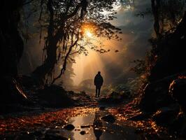 ai generado espalda ver de un viajero en el bosque en contra el fondo de puesta de sol generativo ai foto