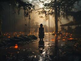 AI generated back view of a traveler in the forest against the backdrop of sunset Generative AI photo