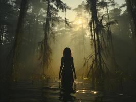 AI generated back view of a traveler in the forest against the backdrop of sunset Generative AI photo