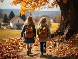 ai generado niños con mochilas Vamos a colegio generativo ai foto