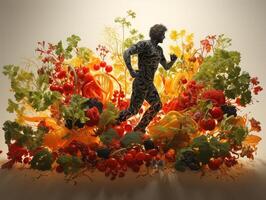 AI generated silhouette of a man running on the background of vegetables and fruits healthy eating Generative AI photo