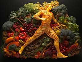 AI generated silhouette of a man running on the background of vegetables and fruits healthy eating Generative AI photo