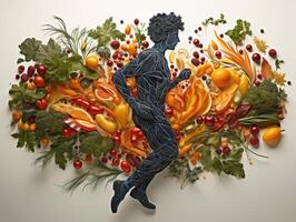 AI generated silhouette of a man running on the background of vegetables and fruits healthy eating Generative AI photo