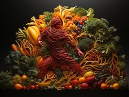 AI generated silhouette of a man running on the background of vegetables and fruits healthy eating Generative AI photo