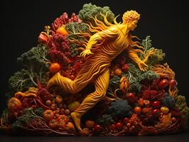 AI generated silhouette of a man running on the background of vegetables and fruits healthy eating Generative AI photo