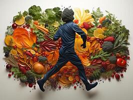 AI generated silhouette of a man running on the background of vegetables and fruits healthy eating Generative AI photo