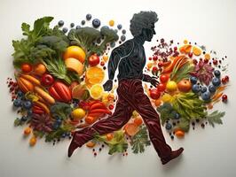 AI generated silhouette of a man running on the background of vegetables and fruits healthy eating Generative AI photo