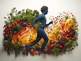ai generado silueta de un hombre corriendo en el antecedentes de vegetales y frutas sano comiendo generativo ai foto