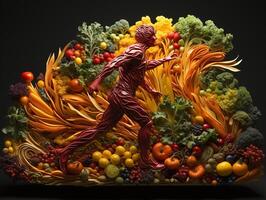 AI generated silhouette of a man running on the background of vegetables and fruits healthy eating Generative AI photo