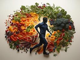 AI generated silhouette of a man running on the background of vegetables and fruits healthy eating Generative AI photo