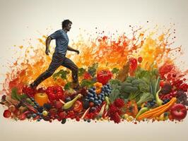 ai generado silueta de un hombre corriendo en el antecedentes de vegetales y frutas sano comiendo generativo ai foto
