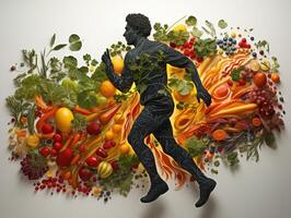 AI generated silhouette of a man running on the background of vegetables and fruits healthy eating Generative AI photo