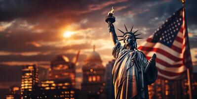 ai generado estatua de libertad en contra el fondo de el puesta de sol ciudad generativo ai foto