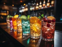 AI generated multi-colored cocktails with fruits on the bar Generative AI photo