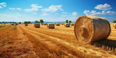 AI generated straw bales in a field against the blue sky Generative AI photo