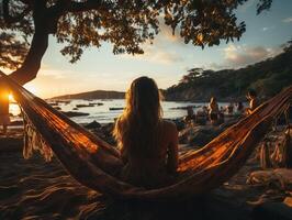 AI generated girl in a hammock on the beach at sunset Generative AI photo