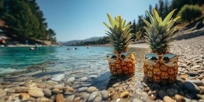 AI generated pineapples in sunglasses by the sea Generative AI photo