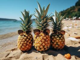 AI generated pineapples in sunglasses by the sea Generative AI photo