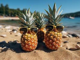 AI generated pineapples in sunglasses by the sea Generative AI photo