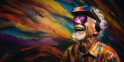 ai generado mayor hombre y virtual realidad aumentado realidad generativo ai foto