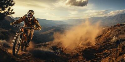 AI generated cyclist with mountain bike rides at high speed dust Generative AI photo