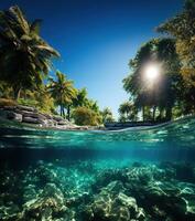 ai generado azur playa ver desde debajo el agua generativo ai foto