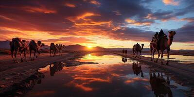 AI generated Camel caravan at sunset Generative AI photo