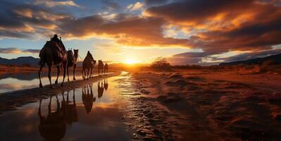 ai generado camello caravana a puesta de sol generativo ai foto