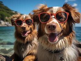 AI generated dogs in sunglasses on the background of the beach Generative AI photo