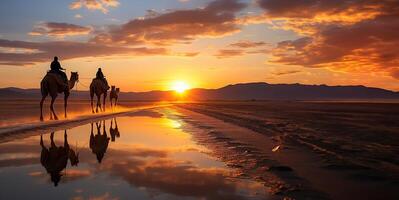 AI generated Camel caravan at sunset Generative AI photo