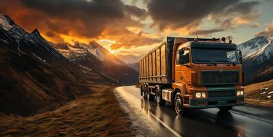 ai generado el camión lleva el bienes en el antecedentes de el montañas entrega transporte generativo ai foto