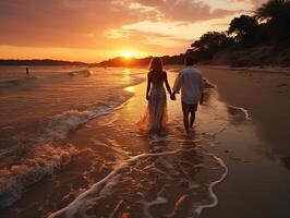 ai generado Pareja en amor caminando a lo largo el playa a puesta de sol generativo ai foto