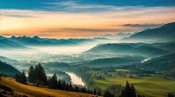 AI generated mountain landscape with fog Generative AI photo