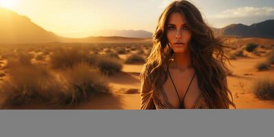 AI generated oriental woman walks in the dune desert Generative AI photo