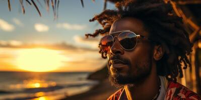 AI generated man in sunglasses on the background of the azure beach Generative AI photo