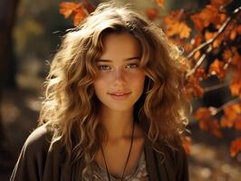 AI generated beautiful girls on the background of autumn foliage Generative AI photo