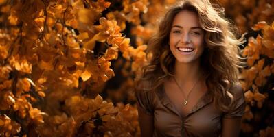 AI generated beautiful girls on the background of autumn foliage Generative AI photo