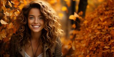 AI generated beautiful girls on the background of autumn foliage Generative AI photo