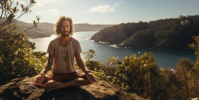 AI generated man meditating in nature yoga Generative AI photo