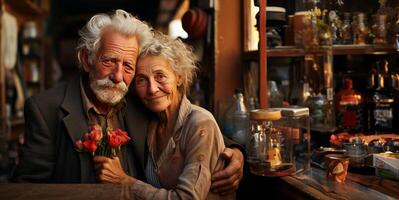 AI generated elderly happy couple hugging Generative AI photo