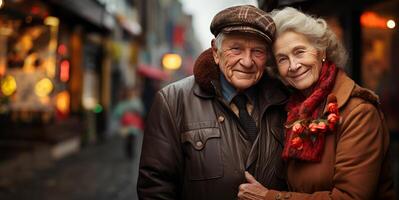 AI generated elderly happy couple hugging Generative AI photo