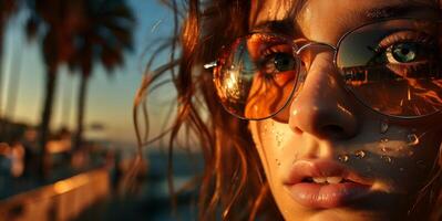 ai generado hermosa mujer en Gafas de sol en el antecedentes de el azur playa generativo ai foto