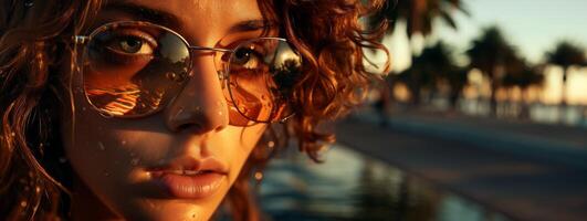 ai generado hermosa mujer en Gafas de sol en el antecedentes de el azur playa generativo ai foto