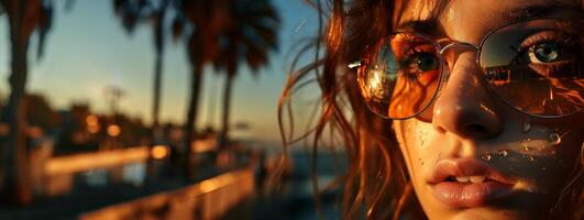 ai generado hermosa mujer en Gafas de sol en el antecedentes de el azur playa generativo ai foto