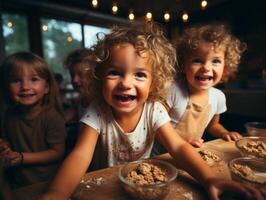 AI generated happy children baking cookies Generative AI photo