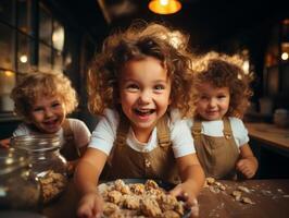 ai generado contento niños horneando galletas generativo ai foto